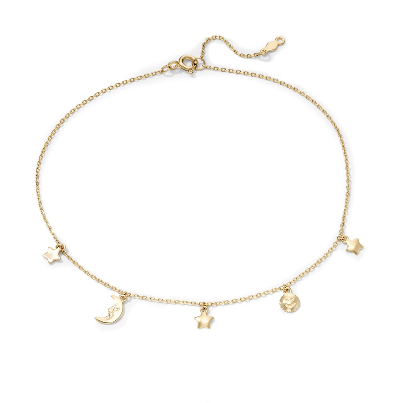 14K Gold-Plated Celestial Dangle Station Anklet - 9" + 1"
