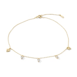 14K Gold-Plated CZ Dangle Heart Station Anklet - 9" + 1"
