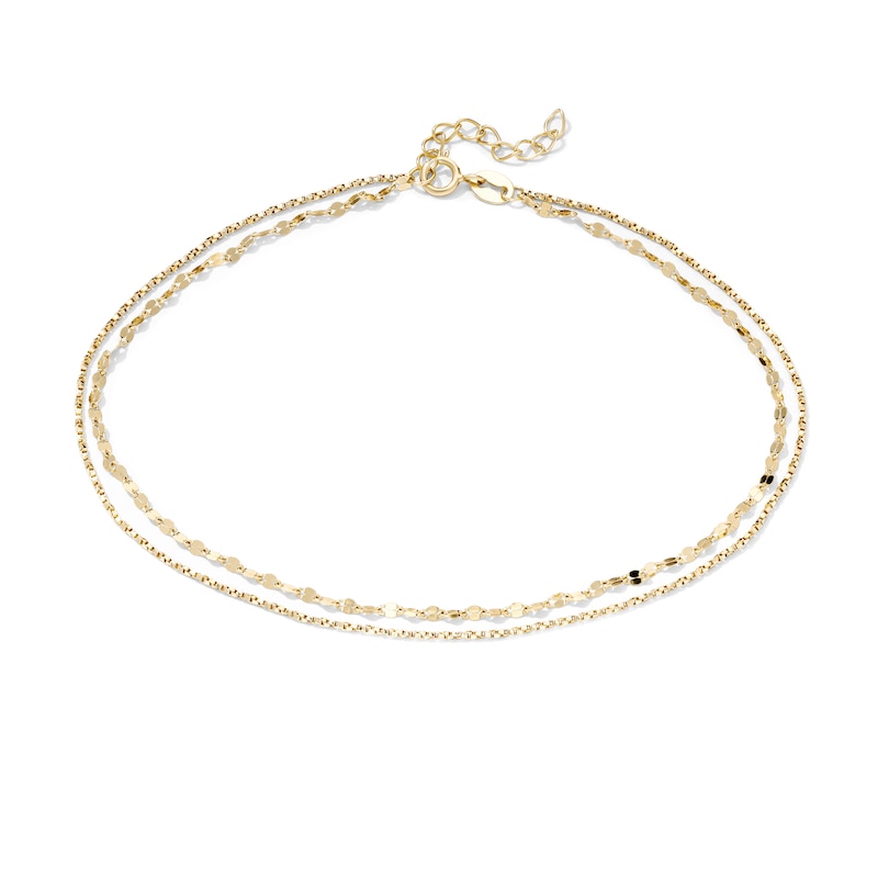 14K Gold-Plated Double-Strand Box and Mirror Chain Anklet - 9" + 1"