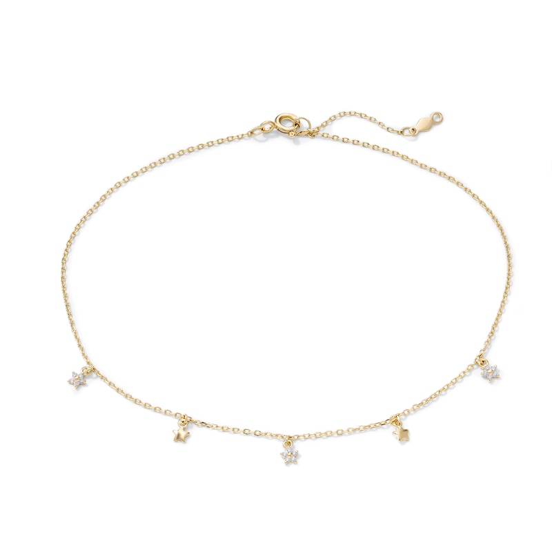 14K Gold-Plated CZ Dangle Star Station Anklet - 9" + 1"