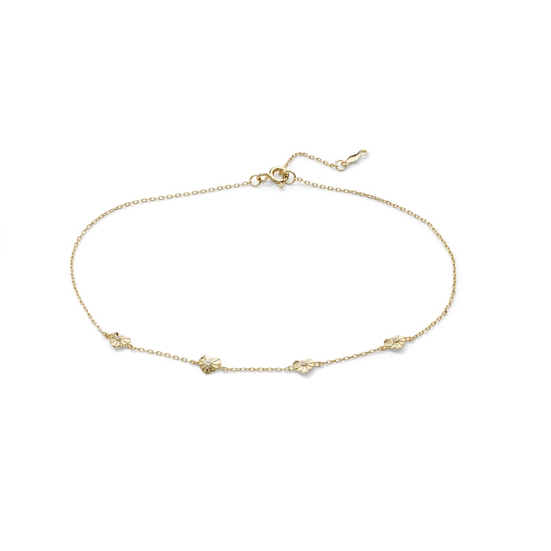 14K Gold-Plated CZ Starburst Heart Station Anklet - 9" + 1"