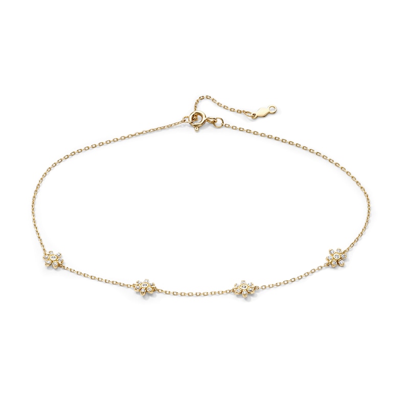 14K Gold-Plated CZ Flower Station Anklet - 9" + 1"