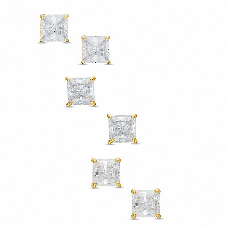 14K Gold Plated 4/5/6mm CZ Solitaire Studs Set