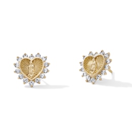 14K Gold-Plated CZ Lady of Guadalupe Heart Studs