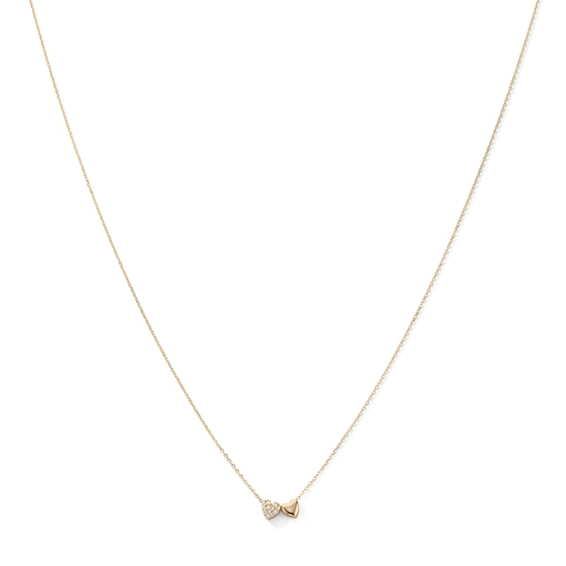 14K Gold Plated CZ and Polished Double Heart Charm Necklace - 16" + 2"