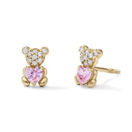 Child's 14K Gold-Plated Pink and White CZ Heart Bear Studs