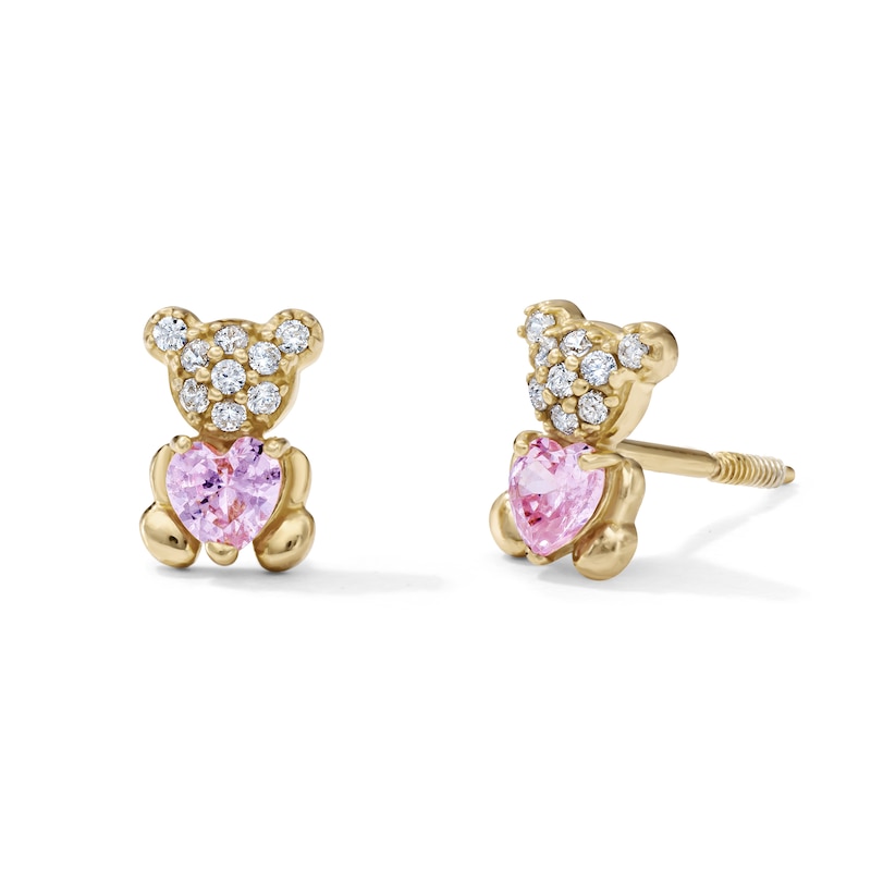 Main Image 1 of Child's 14K Gold-Plated Pink and White CZ Heart Bear Studs