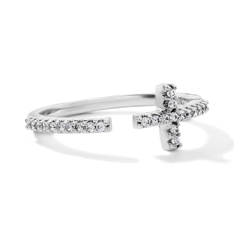 White Rhodium Plated CZ Open Cross Ring - Size 7