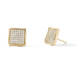 14K Gold Plated CZ Wavy Square Studs