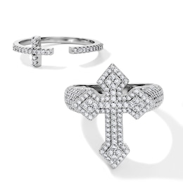 Silver-Plated CZ Pavé Cross Ring Set - Size 10