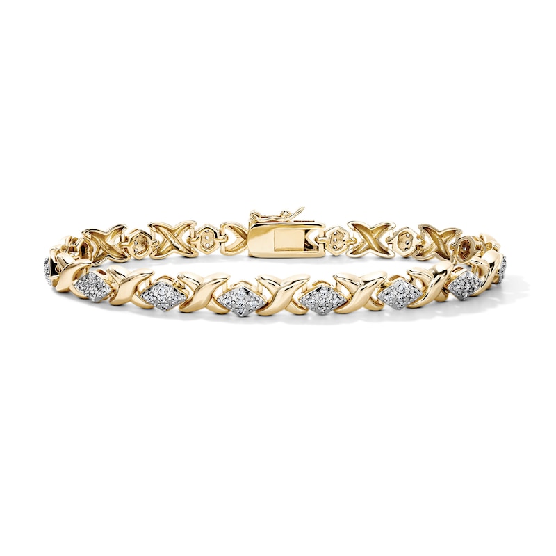 14K Gold-Plated Two-Tone CZ X and Diamond-Shaped Link Bracelet - 7.5"