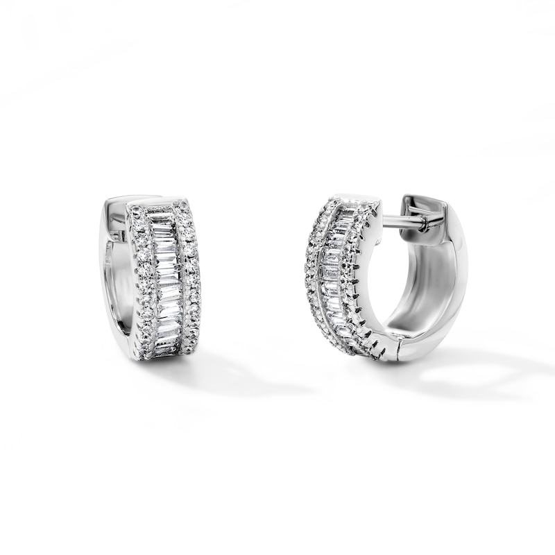White Rhodium Plated CZ Baguette Huggie Hoops