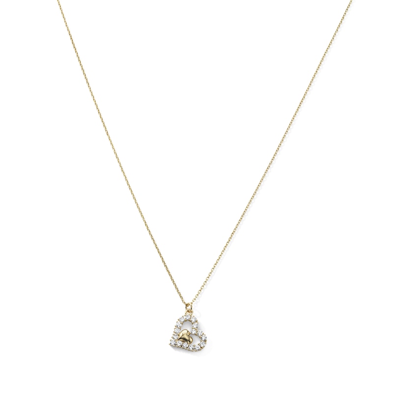 14K Gold Plated CZ and Polished Double Heart Pendant - 16" + 2"