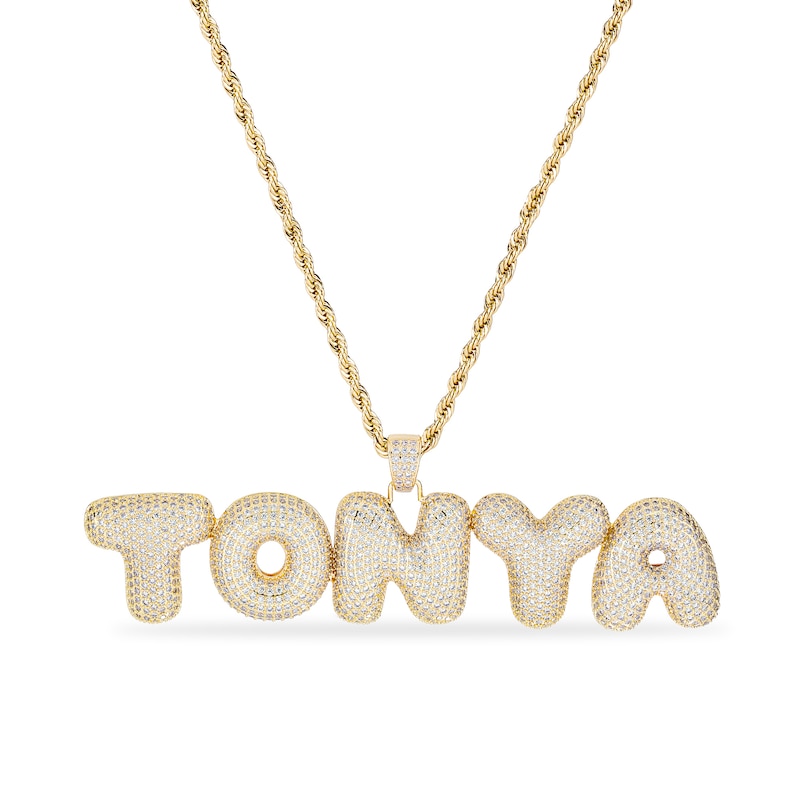 14K Gold Plated CZ Pavé Bubble Letter Name Necklace - 18"
