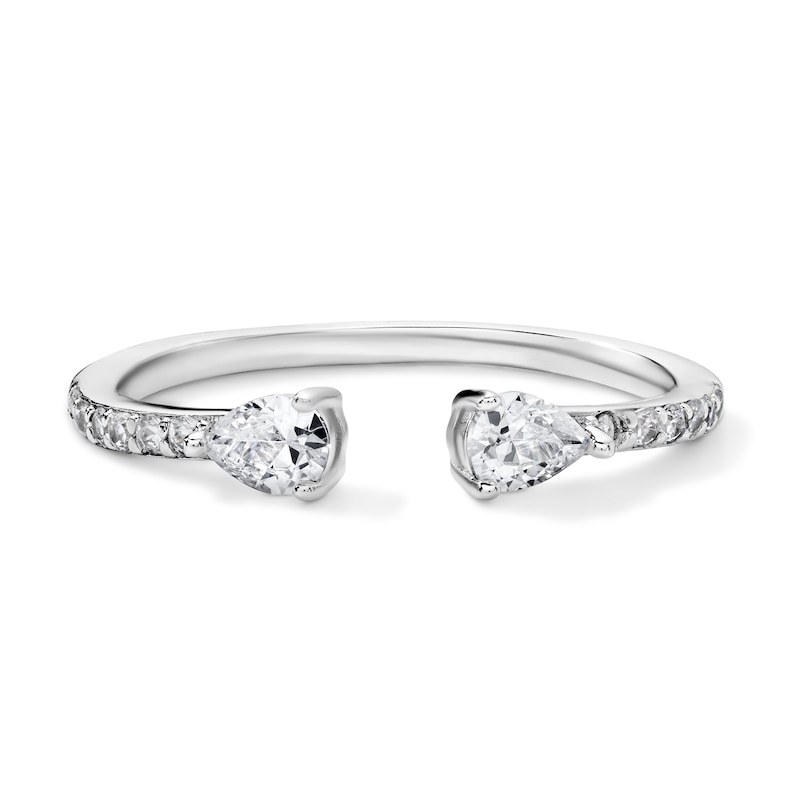White Rhodium Plated CZ Pear Open Ring - Size 7