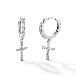 Silver-Plated CZ Cross Dangle Huggie Hoops