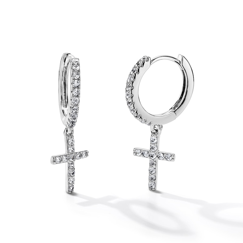 White Rhodium Plated CZ Cross Dangle Huggie Hoops