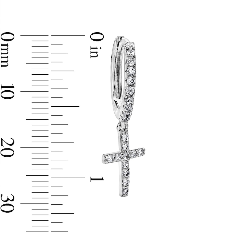 White Rhodium Plated CZ Cross Dangle Huggie Hoops