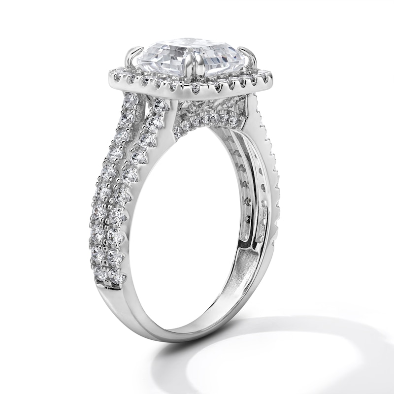 White Rhodium Plated CZ Square Halo Ring - Size 7