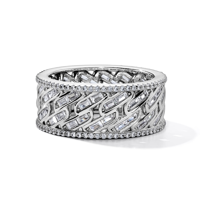 White Rhodium Plated CZ Baguette Woven Wide Band - Size 10