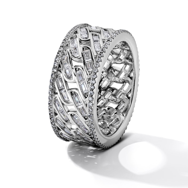 White Rhodium Plated CZ Baguette Woven Wide Band - Size 10