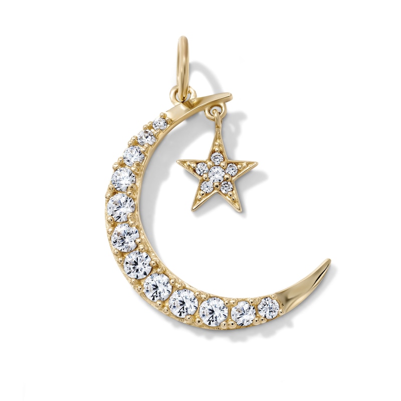 14K Gold-Plated CZ Crescent Moon and Star Necklace Charm