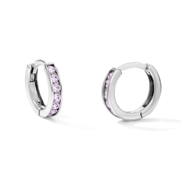Solid Sterling Silver Pink CZ Hinged Hoop Earrings