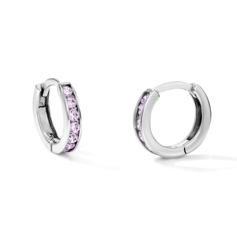Solid Sterling Silver Pink CZ Hinged Hoop Earrings