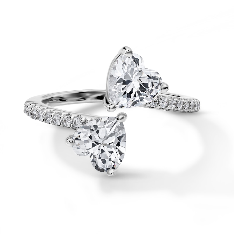 White Rhodium Plated CZ Double Heart Open Ring - Size 7
