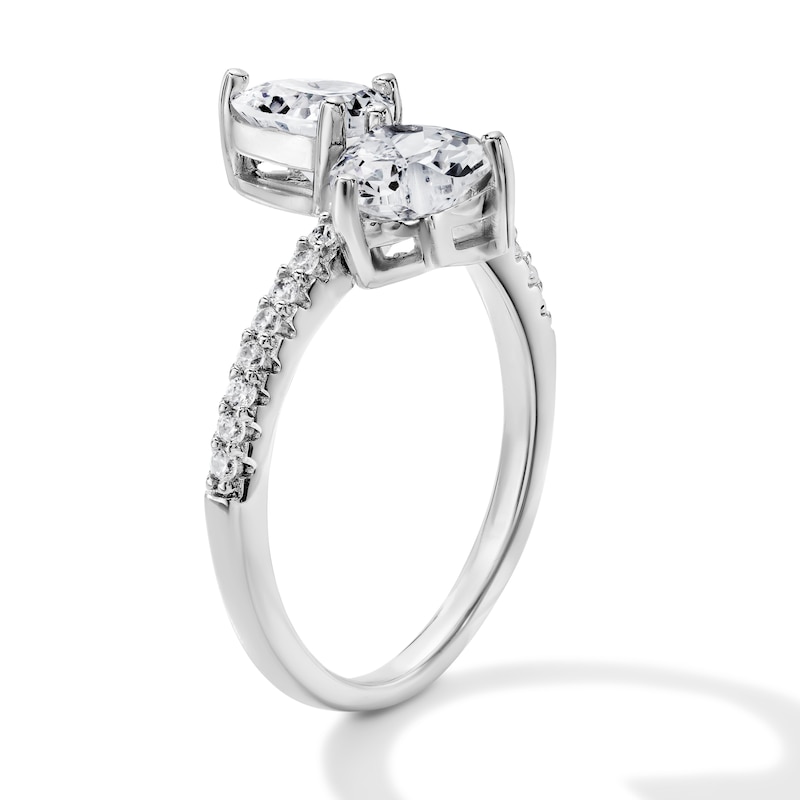 White Rhodium Plated CZ Double Heart Open Ring - Size 7