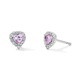 Solid Sterling Silver Pink CZ Halo Heart Studs