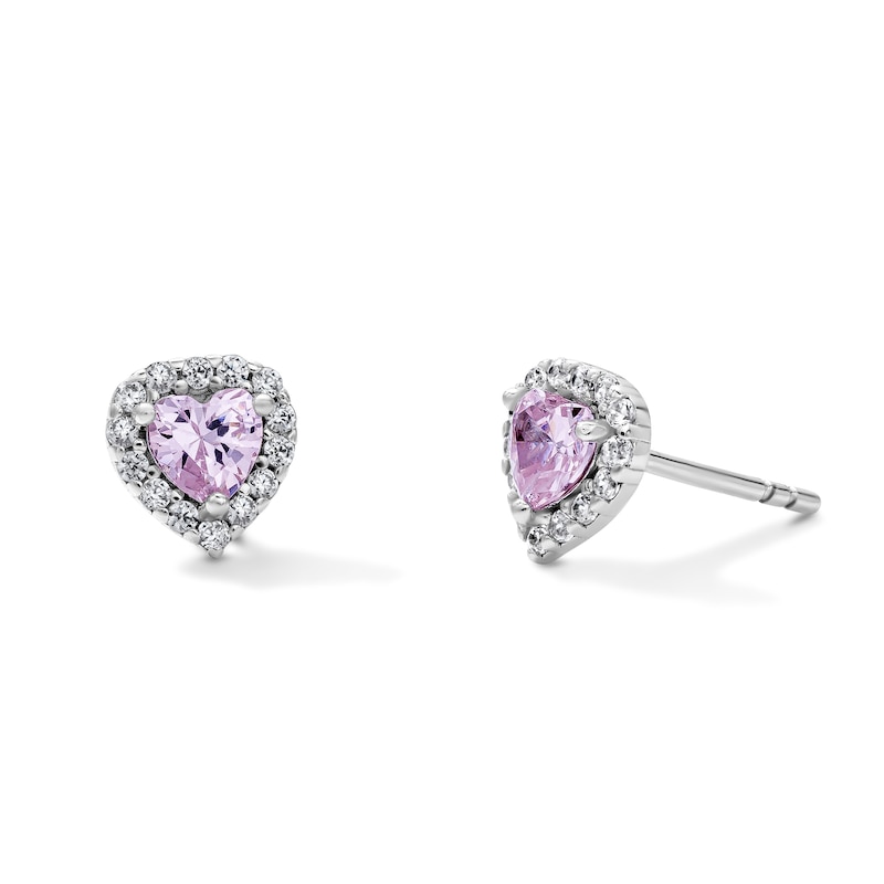Solid Sterling Silver Pink CZ Halo Heart Studs