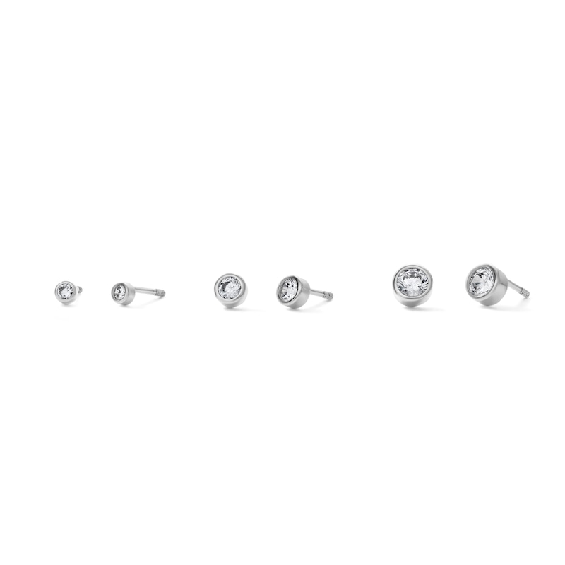 White Rhodium Plated CZ Round Bezel Stud Set