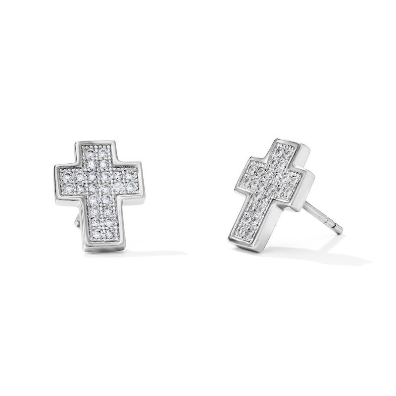 Main Image 1 of Sterling Silver CZ Pavé Cross Studs