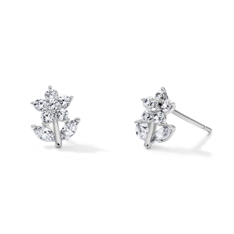 Solid Sterling Silver CZ Round & Marquise Flower Studs