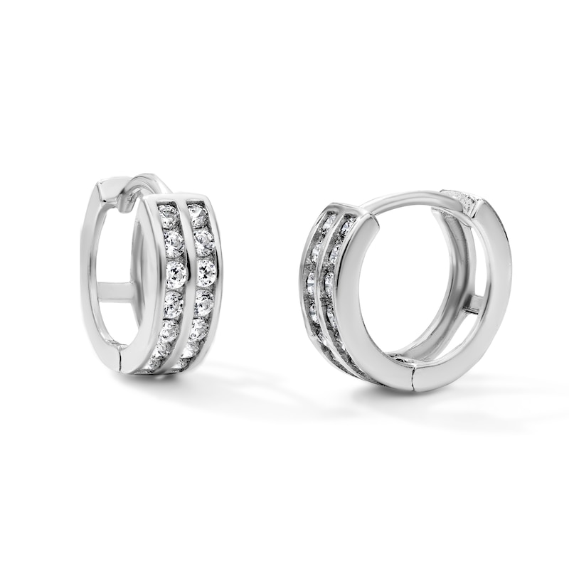 White Rhodium Plated CZ Double Row Channel Huggie Hoops