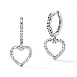 Silver-Plated CZ Open Heart Dangle Huggie Hoops