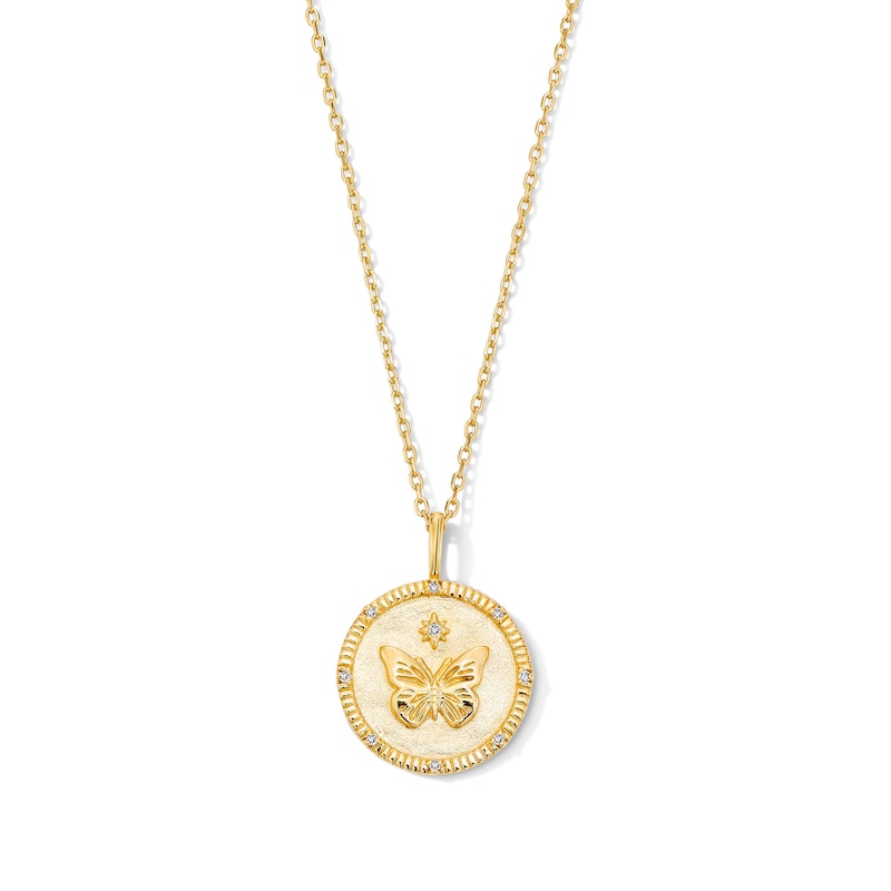 18K Gold Plated Lab-Grown Diamond Accent Butterfly Medallion Necklace - 17" + 2"