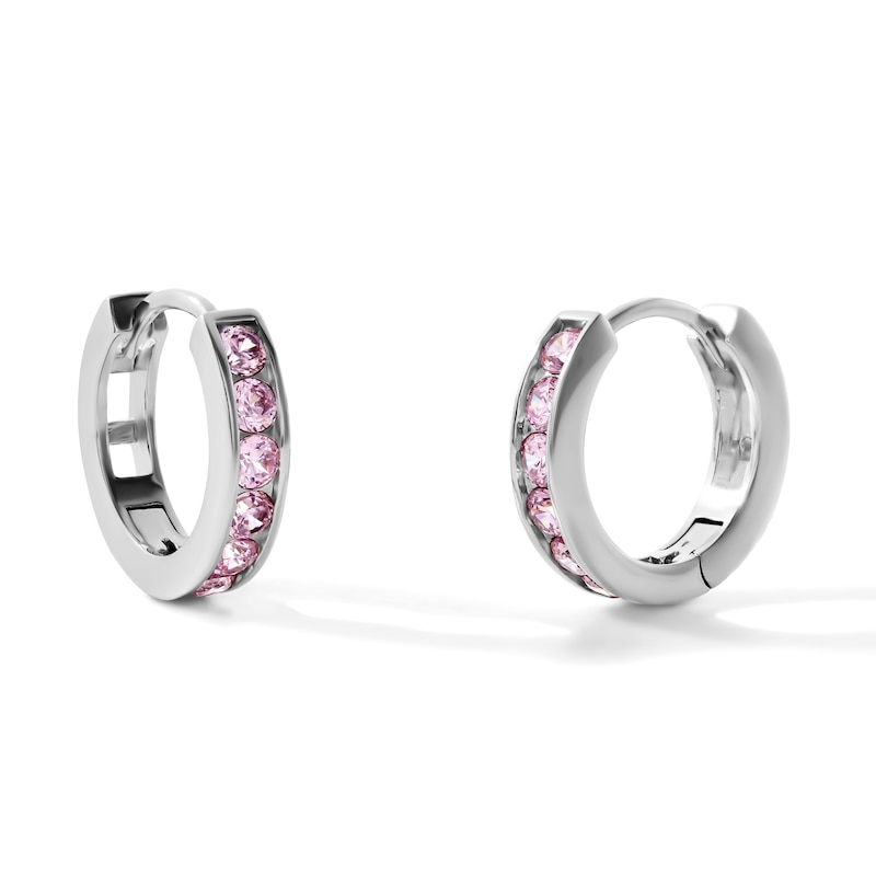 Main Image 1 of Silver-Plated CZ Pink Channel Huggie Hoops - 13mm