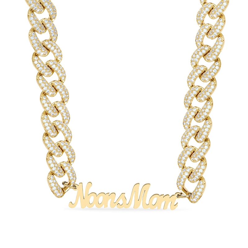 14K Gold Plated CZ Script Nameplate Curb Chain (1 Line) - 18" Personalized