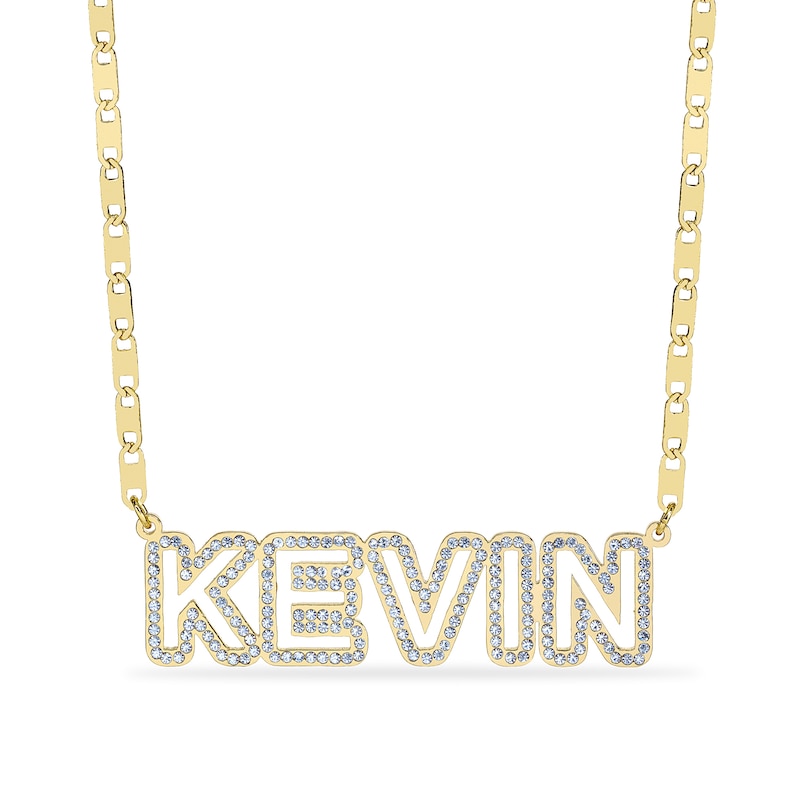 14K Gold Plated CZ Open Block Letter Nameplate Figaro Chain (1 Line) - 18"