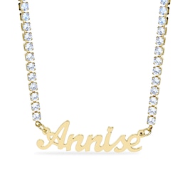 14K Gold Plated CZ Script Nameplate Tennis Necklace - 18"