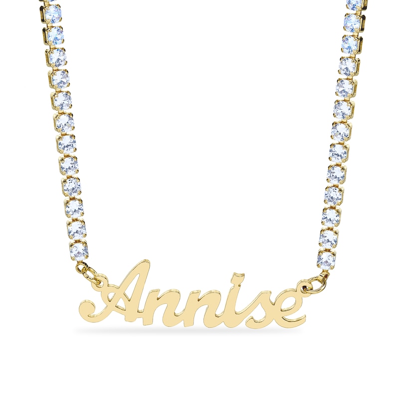 14K Gold Plated CZ Script Nameplate Tennis Necklace - 18"
