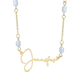 14K Gold Plated Stainless Steel Simulated Pearl Accent Cursive Nameplate Necklace (1 Line) - 18"