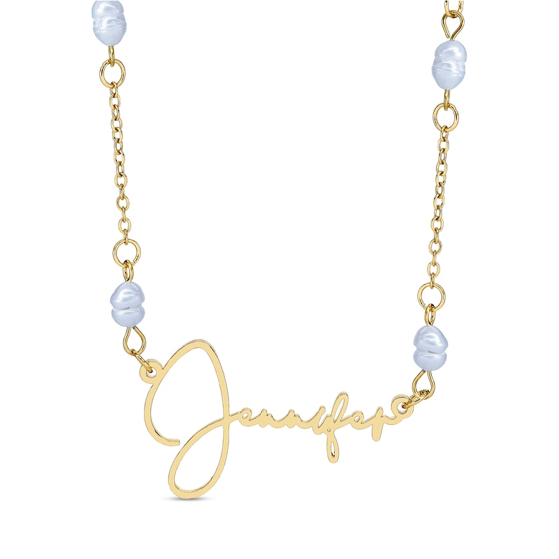 14K Gold Plated Stainless Steel Simulated Pearl Accent Cursive Nameplate Necklace (1 Line) - 18"