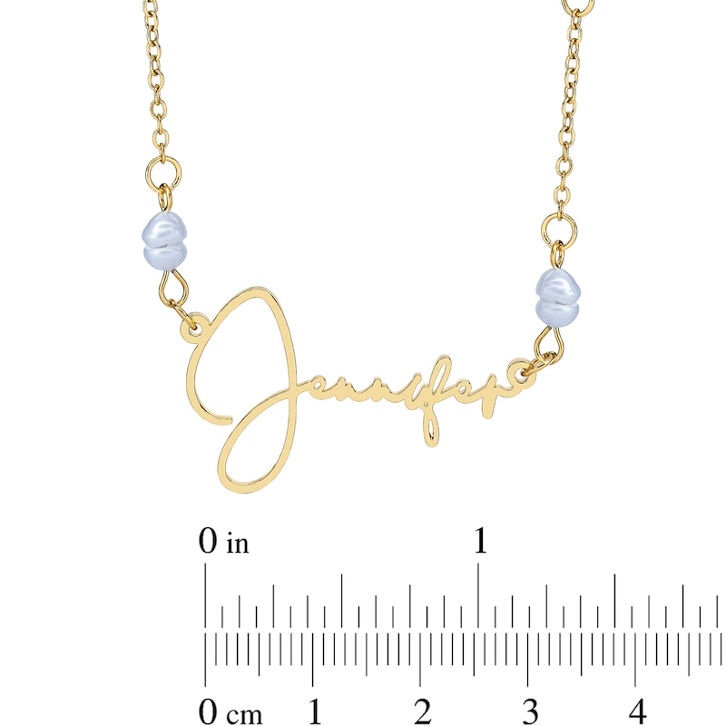 14K Gold Plated Stainless Steel Simulated Pearl Accent Cursive Nameplate Necklace (1 Line) - 18"