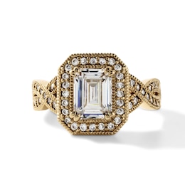 14K Gold-Plated Emerald-Cut CZ Halo Ring - Size 7
