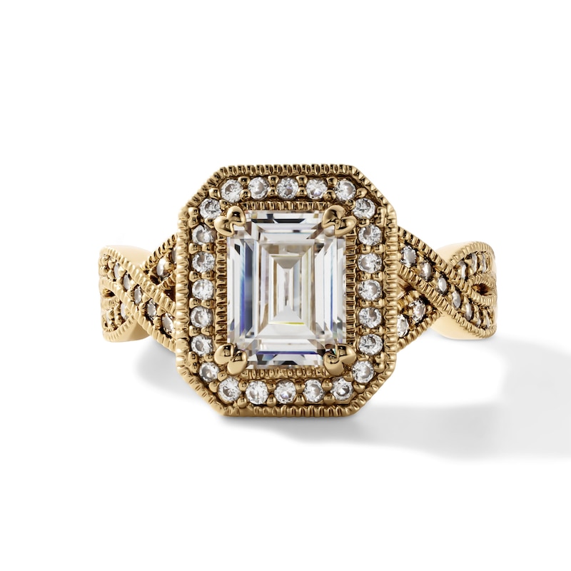 14K Gold-Plated Emerald-Cut CZ Halo Ring - Size 7