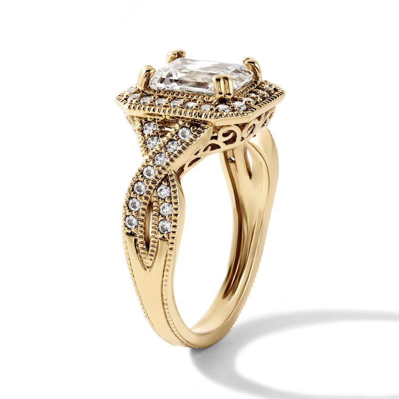 14K Gold-Plated Emerald-Cut CZ Halo Ring - Size 7