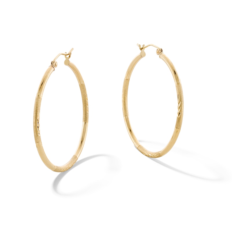 Main Image 1 of 14K Gold-Plated Diamond-Cut and Satin-Finish Hoops - 35mm